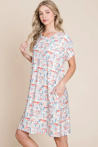 BOMBOM Printed Round Neck Short Sleeve Tee Dress