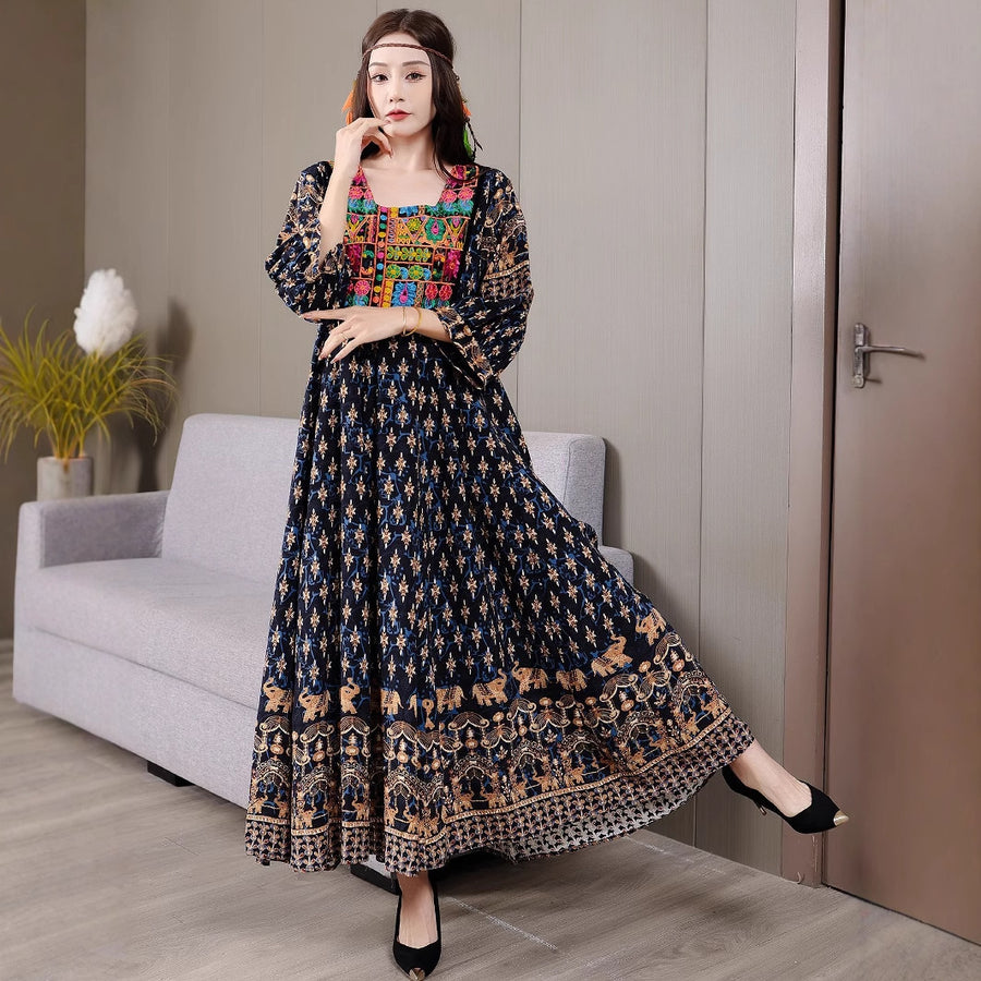 Bohemian Style Dress Ethnic Style Embroidered Large Swing Skirt