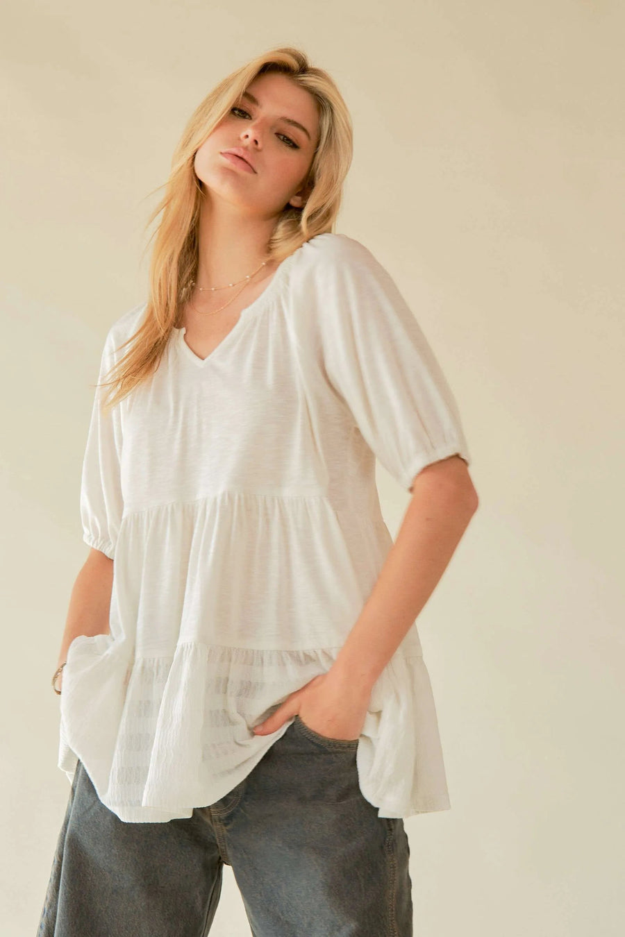 Davi & Dani Ruffled Flared Short Sleeve V Neck Blouse