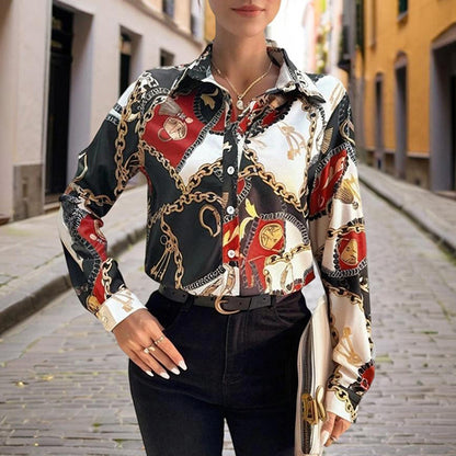 Women's Lapel Long Sleeve Shirt - Fitted Cut Intricate Print Button-Up Design Casual