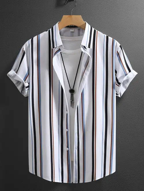 Men's Fashion Trend Stripes Short Sleeve Stand Collar Shirt