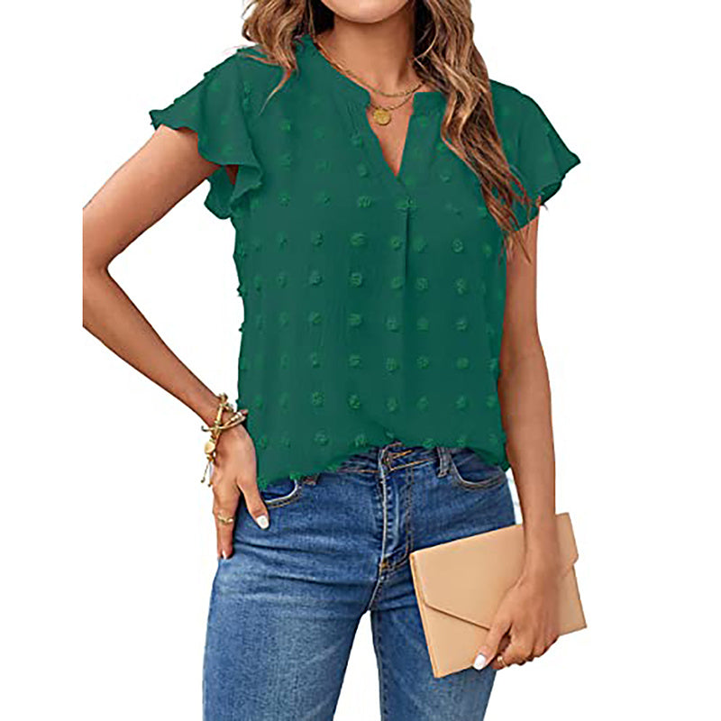 Women's V Neck Ruffle Short Sleeve Blouse Business Office Casual Top Shirts
