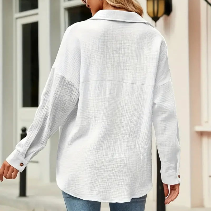 Women's Solid Color V-Neck Long Sleeve Blouse - Textured Button-Up Shirt