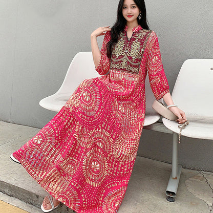 Ethnic Style Dress, Women's Summer Cotton Silk Floral Print