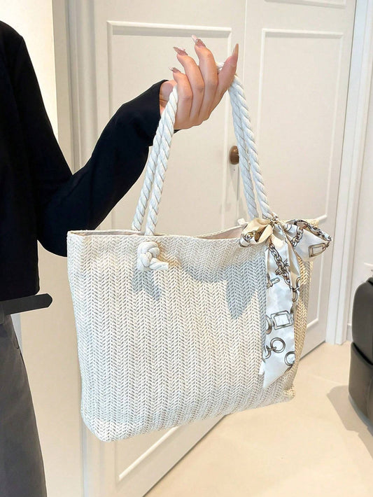 Women’s Woven Straw Tote Bag – New Style Large Capacity Handbag with Silk Scarf