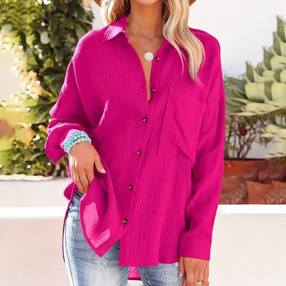 Women's Solid Color V-Neck Long Sleeve Blouse - Textured Button-Up Shirt
