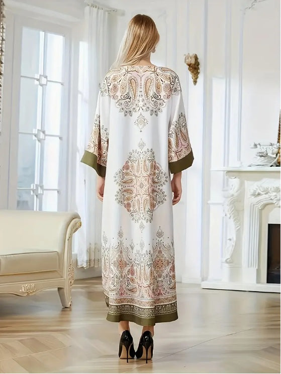 Elegant Floral Print Long Sleeve Abaya Dress