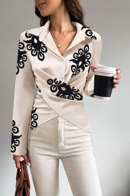 Print Button Cross Asymmetrical Hem Fit Blouse