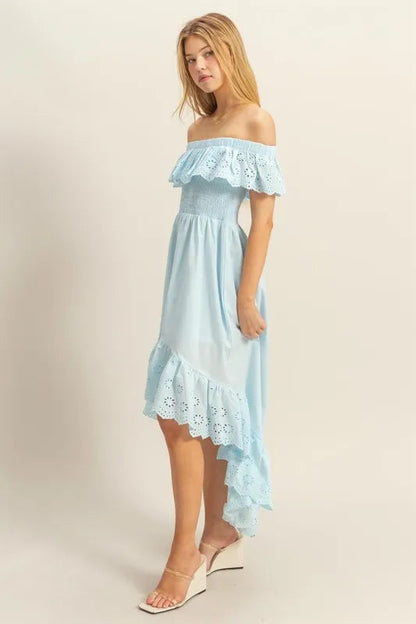 HYFVE High-Low Eyelet Ruffled Off-Shoulder Dress