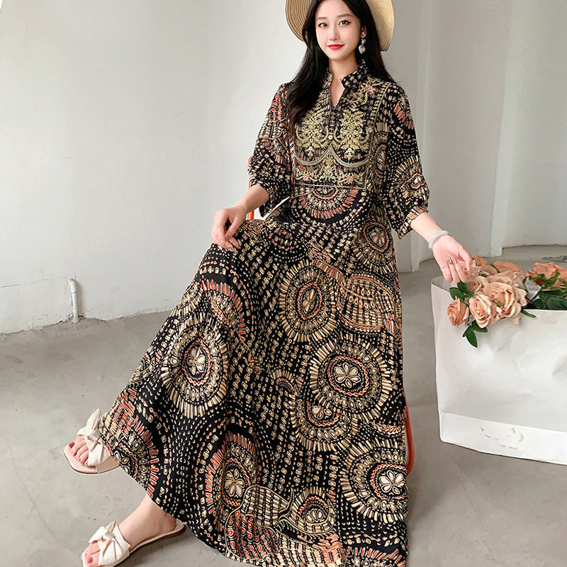 Ethnic Style Dress, Women's Summer Cotton Silk Floral Print