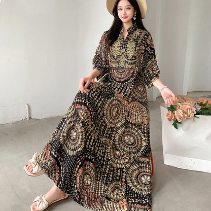 Ethnic Style Dress, Women's Summer Cotton Silk Floral Print