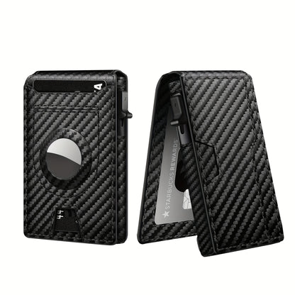 Men’s Carbon Fiber RFID Bi-Fold Wallet – Minimalist Black Credit Card Holder with Pop-Up Aluminum Slot & AirTag Holder