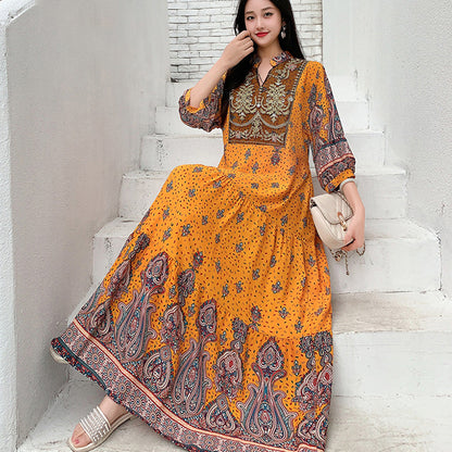 Ethnic Style Dress, Women's Summer Cotton Silk Floral Print
