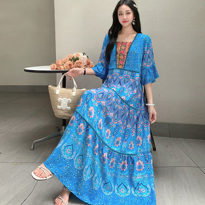 Summer Vintage Cotton Silk Ethnic Style Embroidered Dress Women