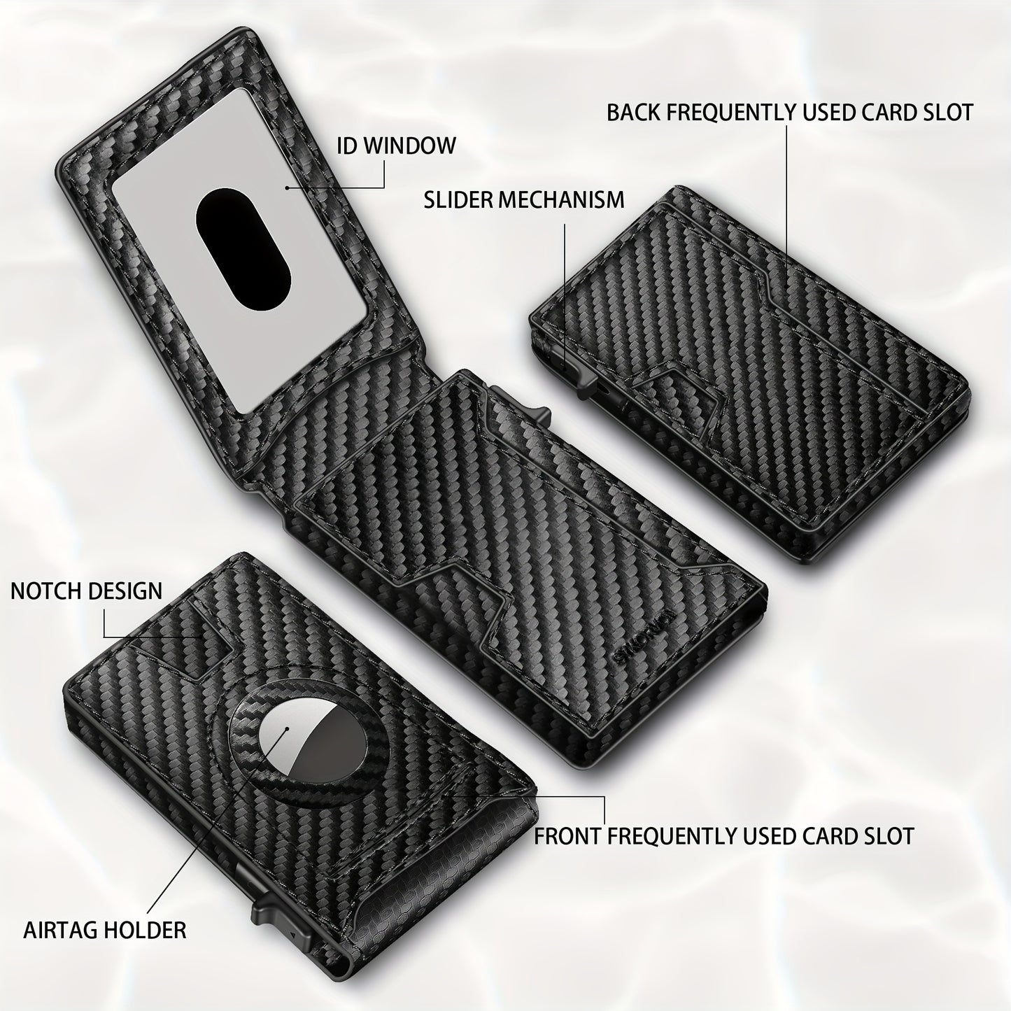 Men’s Carbon Fiber RFID Bi-Fold Wallet – Minimalist Black Credit Card Holder with Pop-Up Aluminum Slot & AirTag Holder
