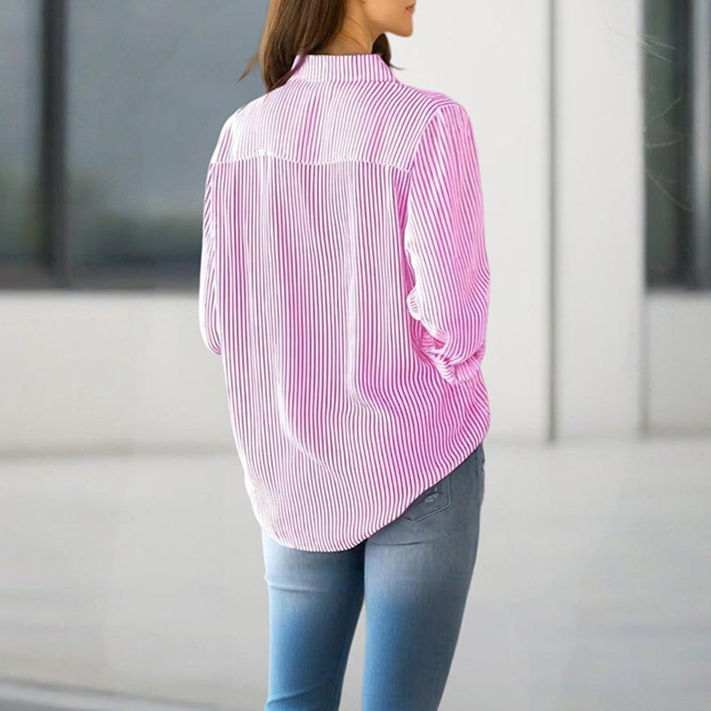 Women's Elegant Striped Long Sleeve Shirt - Pointed Lapel Collar With Chest Pocket