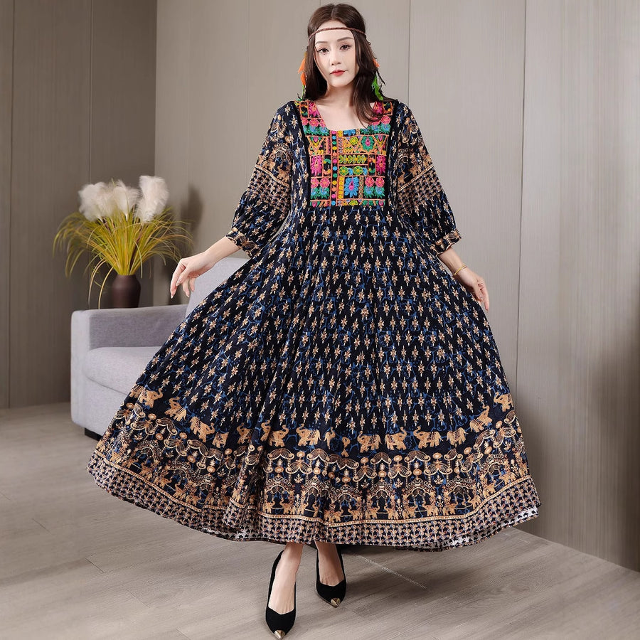 Bohemian Style Dress Ethnic Style Embroidered Large Swing Skirt