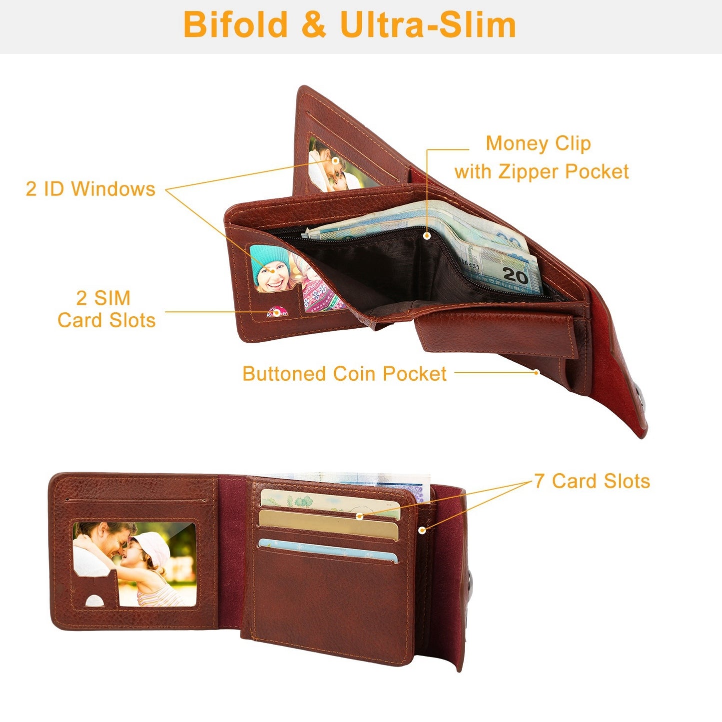 Men’s PU Leather Wallet – Slim Card Holder with 2 ID Windows & Coin Pocket