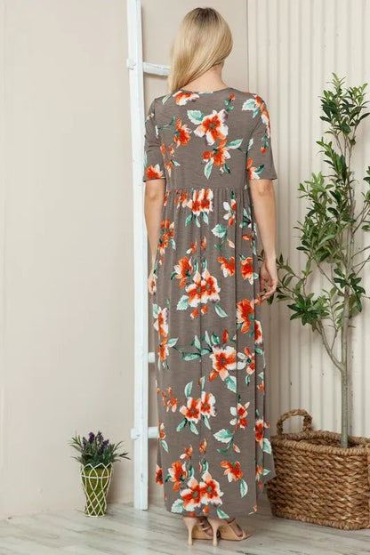 BOMBOM Floral Round Neck Short Sleeve Maxi Tee Dress