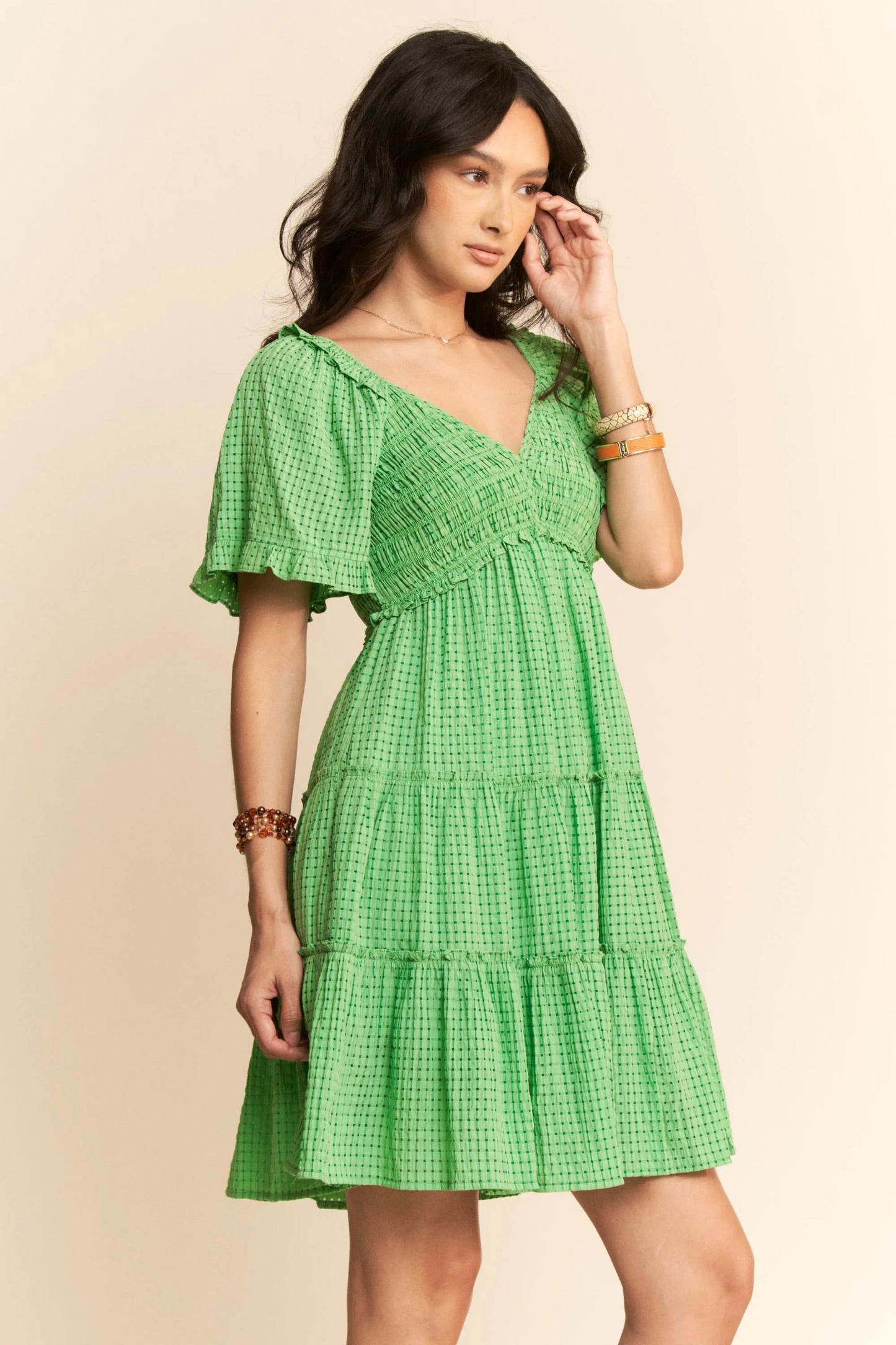 Davi & Dani Jacquard Checker Smocking Tiered Dress