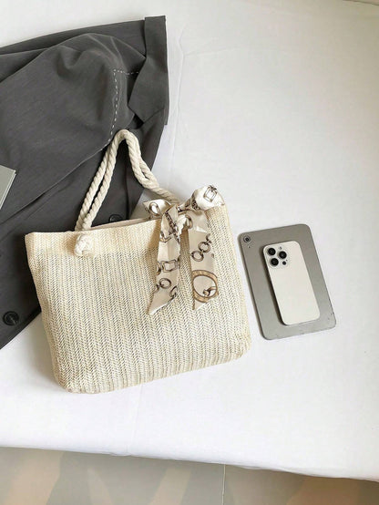 Women’s Woven Straw Tote Bag – New Style Large Capacity Handbag with Silk Scarf