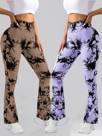 2 Pack Tie Dyed High Waisted Flared Butt-lifting Fitness Sports Women's Yoga Bell-bottom Pants