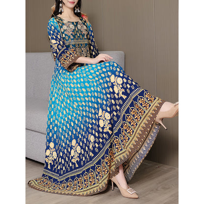 Women's Bohemian Chic Maxi Dress, Ethnic Style Embroidered Square Neck 3 4 Sleeve Flowy Party Dress