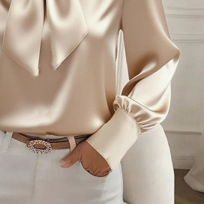 Women's Solid Color Satin Long Sleeve Casual Shirt With Bow Decor Blouse