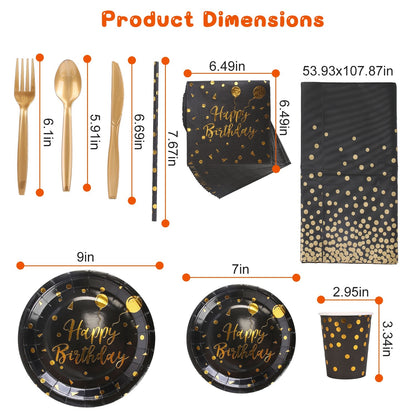 201PCS Black Gold Birthday Party Supplies For 25 Guests
