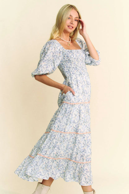 Davi & Dani Contrast Ric Smocking Bodice Tiered Midi Dress