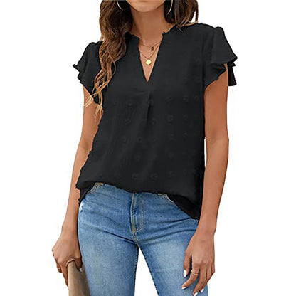 Women's V Neck Ruffle Short Sleeve Blouse Business Office Casual Top Shirts