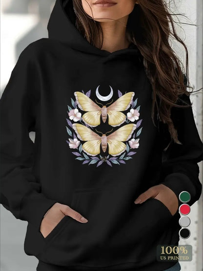 Women's Casual Hoodie With Geometric Butterfly & Moon Print