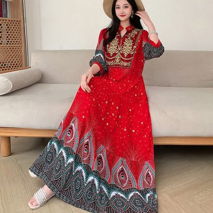Ethnic Style Dress, Women's Summer Cotton Silk Floral Print