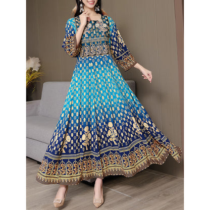 Women's Bohemian Chic Maxi Dress, Ethnic Style Embroidered Square Neck 3 4 Sleeve Flowy Party Dress