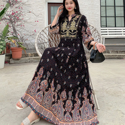 Ethnic Style Dress, Women's Summer Cotton Silk Floral Print