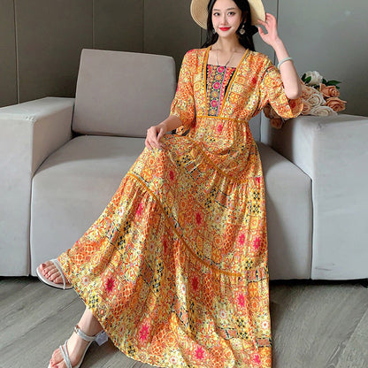 Summer Vintage Cotton Silk Ethnic Style Embroidered Dress Women
