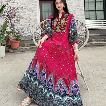 Ethnic Style Dress, Women's Summer Cotton Silk Floral Print