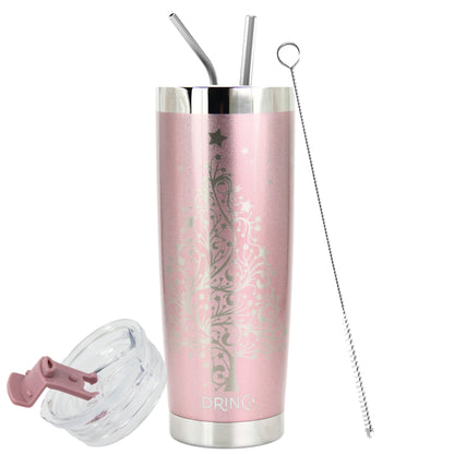 DRINCO® 20oz Insulated Tumbler Spill Proof Lid 2 Straws-Rose Gold-Xmas