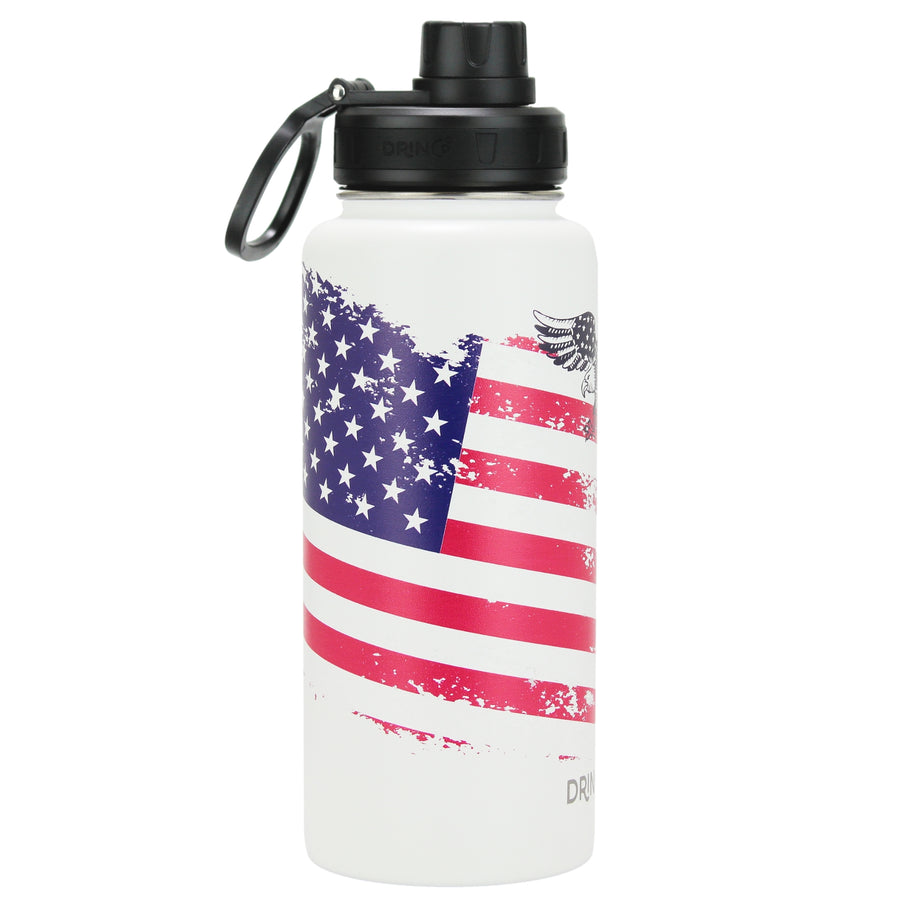 DRINCO® 32oz Stainless Steel Water Bottle-US Flag Color-Arctic White