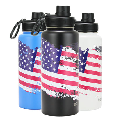 DRINCO® 32oz Stainless Steel Water Bottle-US Flag Color-Arctic White