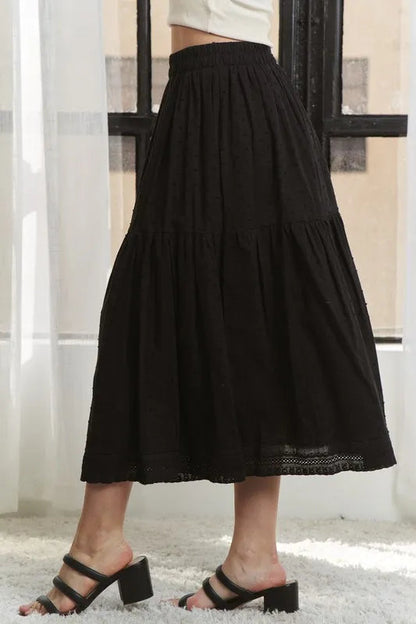 ADORA Elastic Waistband Tiered Midi Skirt