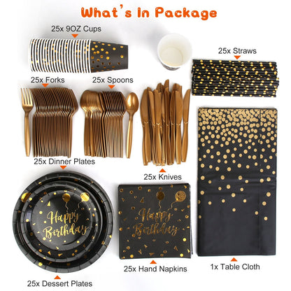 201PCS Black Gold Birthday Party Supplies For 25 Guests