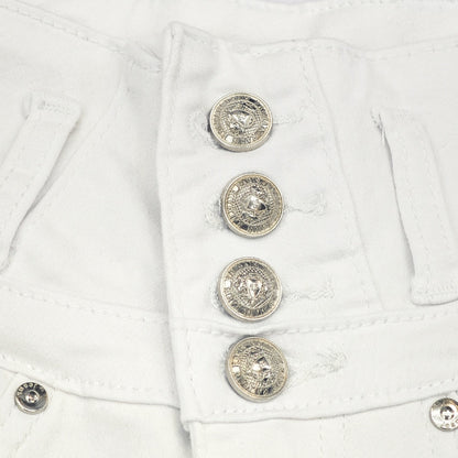 White High Waist Button Shorts Slim Fit Stretch Denim