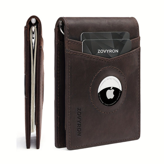 Men’s Genuine Leather Slim Bifold Wallet with AirTag Holder – RFID Blocking Front Pocket Wallet with Money Clip & ID Window