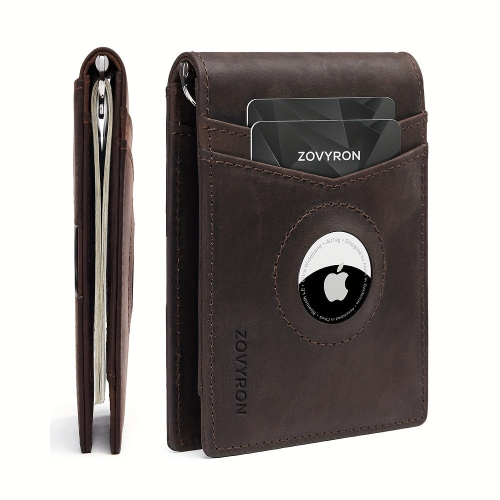 Men’s Genuine Leather Slim Bifold Wallet with AirTag Holder – RFID Blocking Front Pocket Wallet with Money Clip & ID Window
