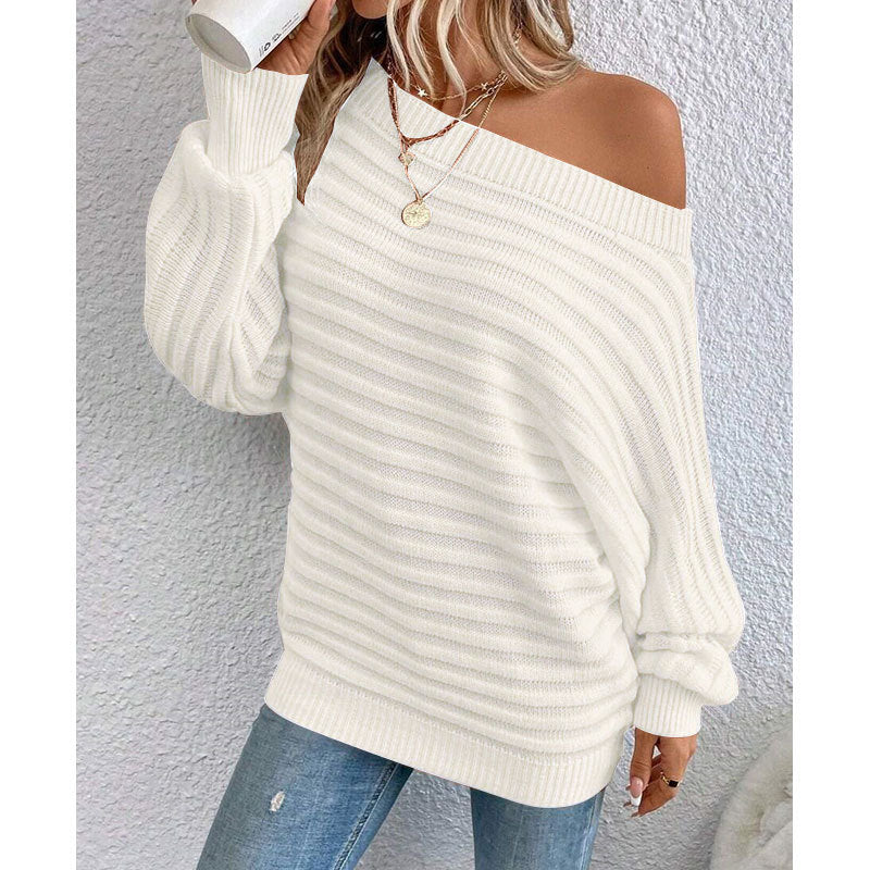 Women's Off Shoulder Sweater Batwing Sleeve Pullover Top Fall Casual Loose Knit Long Sleeve