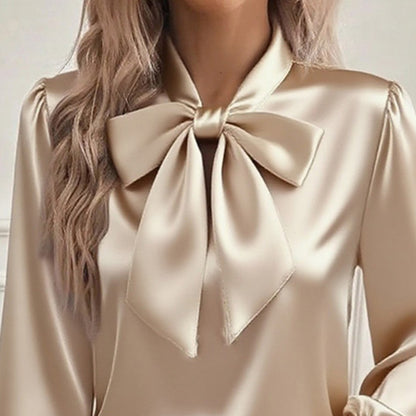 Women's Solid Color Satin Long Sleeve Casual Shirt With Bow Decor Blouse