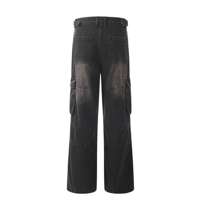 Punk Old Wash Denim Cargo Pants Trousers Men