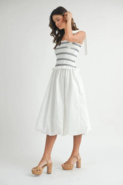 MABLE Smocked Bodice Bubble Midi Dress