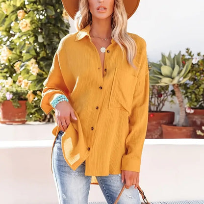 Women's Solid Color V-Neck Long Sleeve Blouse - Textured Button-Up Shirt